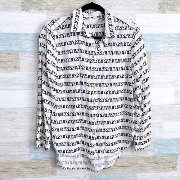 JANE and DELANCEY French Bulldog Shirt White Button Down Womens Small - Picture 1 of 5